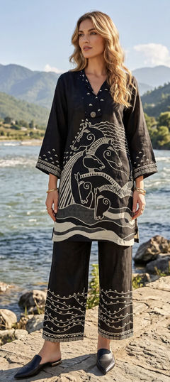 Black and Grey color Salwar Kameez in Silk fabric with Printed work