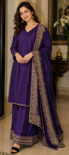 Purple and Violet color Salwar Kameez in Crepe Silk fabric with Embroidered work