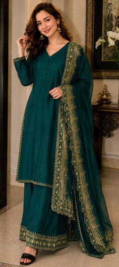 Blue color Salwar Kameez in Crepe Silk fabric with Embroidered work