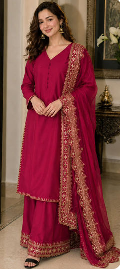 Pink and Majenta color Salwar Kameez in Crepe Silk fabric with Embroidered work