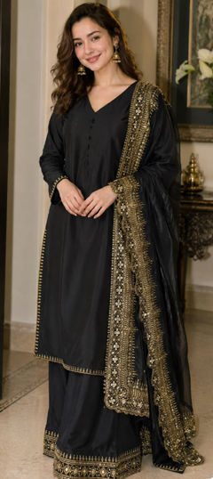 Black and Grey color Salwar Kameez in Crepe Silk fabric with Embroidered work
