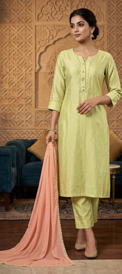 Green color Salwar Kameez in Silk fabric with Embroidered work