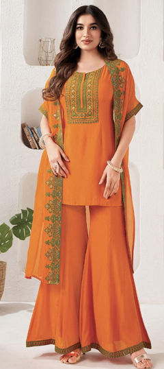 Orange color Salwar Kameez in Georgette fabric with Embroidered work