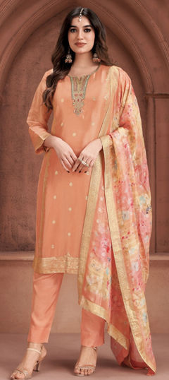 Orange color Salwar Kameez in Silk fabric with Embroidered, Sequence work