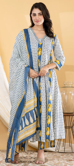 Blue, White and Off White color Salwar Kameez in Cotton fabric with Floral, Mirror, Printed, Sequence work