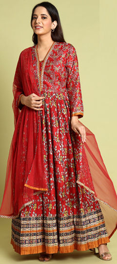 Red and Maroon color Gown in Silk fabric with Embroidered, Printed work