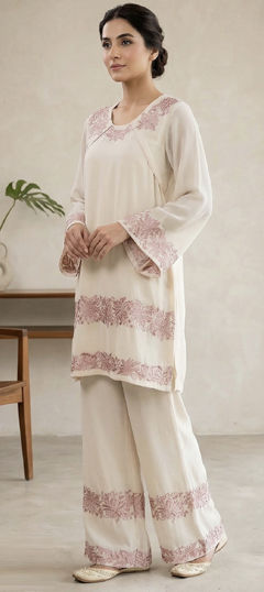 White and Off White color Salwar Kameez in Georgette fabric with Embroidered work