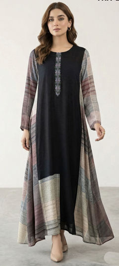 Black and Grey color Salwar Kameez in Silk fabric with Embroidered work
