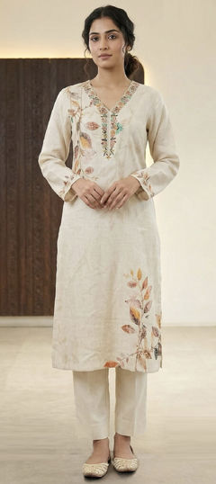 White and Off White color Salwar Kameez in Silk cotton fabric with Embroidered, Printed work