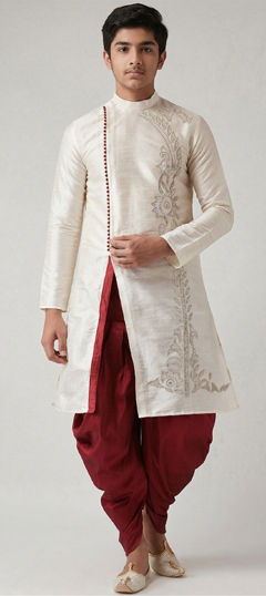 White and Off White color Boys Dhoti Kurta in Dupion Silk fabric with Embroidered work