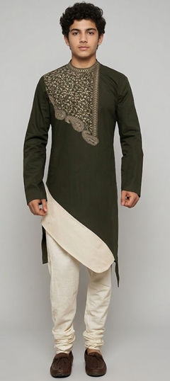 Green color Boys Kurta Pyjama in Blended Cotton fabric with Embroidered work