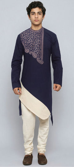 Blue color Boys Kurta Pyjama in Blended Cotton fabric with Embroidered work