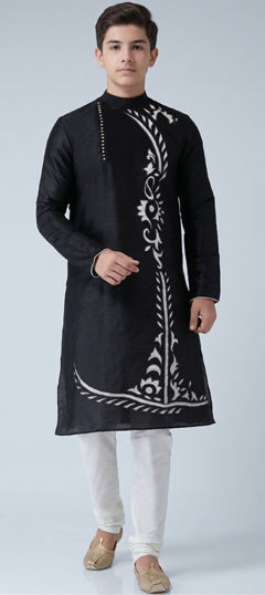 Black and Grey color Boys Kurta Pyjama in Dupion Silk fabric with Embroidered work