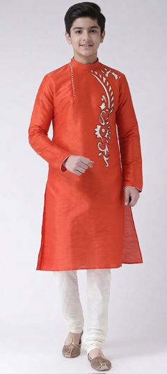 Orange color Boys Kurta Pyjama in Dupion Silk fabric with Embroidered work