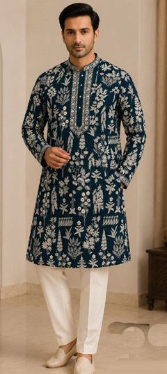 Blue color Kurta Pyjamas in Art Silk fabric with Embroidered work