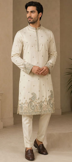White and Off White color Kurta Pyjamas in Art Silk fabric with Embroidered work