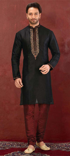 Black and Grey color Kurta Pyjamas in Dupion Silk fabric with Embroidered work