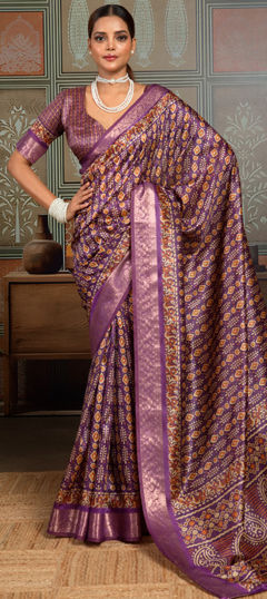 Purple and Violet color Saree in Silk fabric with Printed, Weaving work