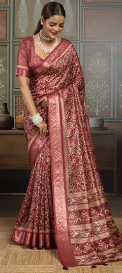 Red and Maroon color Saree in Silk fabric with Printed, Weaving work