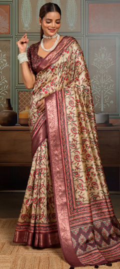 Beige and Brown color Saree in Silk fabric with Printed, Weaving work