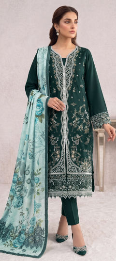 Green color Salwar Kameez in Cotton fabric with Embroidered, Sequence work