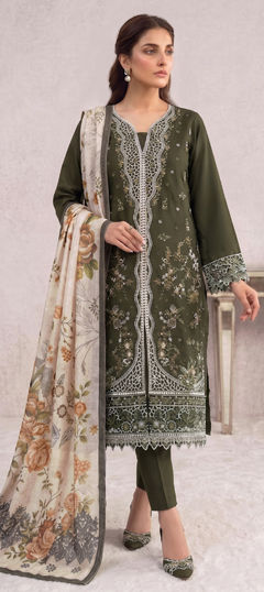 Green color Salwar Kameez in Cotton fabric with Embroidered, Sequence work