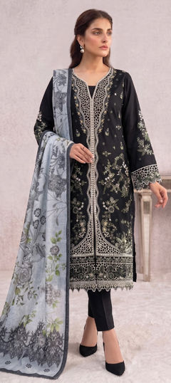 Black and Grey color Salwar Kameez in Cotton fabric with Embroidered, Sequence work