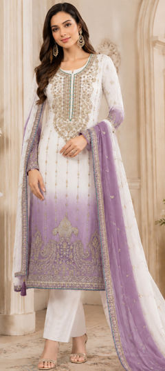 Purple and Violet, White and Off White color Salwar Kameez in Crushed Silk fabric with Embroidered, Sequence work