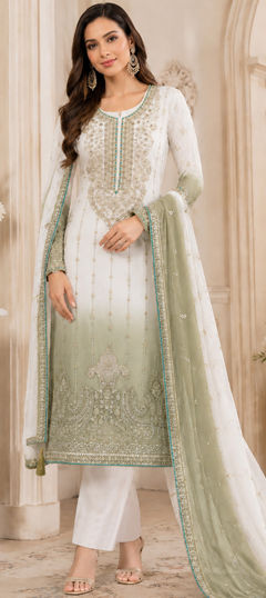 Green, White and Off White color Salwar Kameez in Crushed Silk fabric with Embroidered, Sequence work