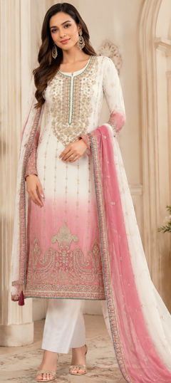 Pink and Majenta, White and Off White color Salwar Kameez in Crushed Silk fabric with Embroidered, Sequence work