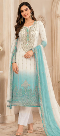 Blue, White and Off White color Salwar Kameez in Crushed Silk fabric with Embroidered, Sequence work