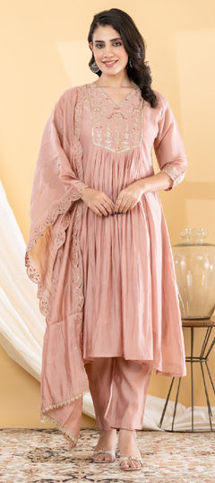 Pink and Majenta color Salwar Kameez in Chanderi fabric with Embroidered, Sequence, Thread, Zari work
