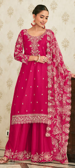 Pink and Majenta color Salwar Kameez in Chinon Silk fabric with Embroidered work