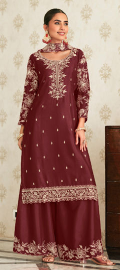 Red and Maroon color Salwar Kameez in Chinon Silk fabric with Embroidered work