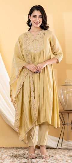 Beige and Brown color Salwar Kameez in Chanderi fabric with Embroidered, Sequence, Thread, Zari work