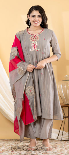 Black and Grey color Salwar Kameez in Chanderi fabric with Embroidered, Foil Print, Gota Patti, Sequence, Zari work