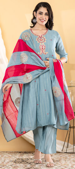 Blue color Salwar Kameez in Chanderi fabric with Embroidered, Foil Print, Gota Patti, Sequence, Zari work