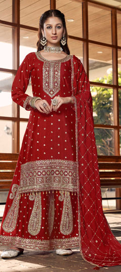 Red and Maroon color Salwar Kameez in Chinon Silk fabric with Embroidered work