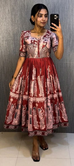 Red and Maroon color Gown in Muslin fabric with Printed work