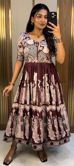Beige and Brown color Gown in Muslin fabric with Printed work