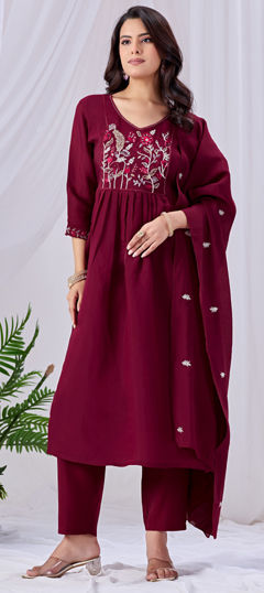 Purple and Violet color Salwar Kameez in Mul Cotton fabric with Embroidered, Sequence work