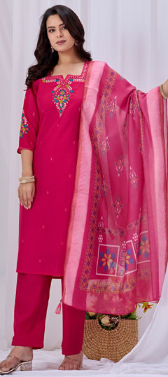 Pink and Majenta color Salwar Kameez in Roman fabric with Embroidered, Sequence work