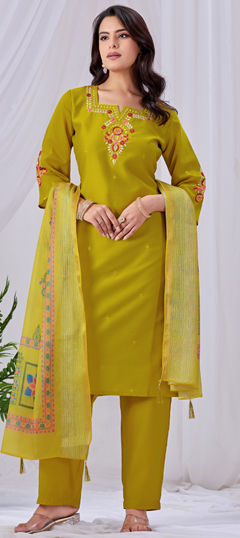 Green color Salwar Kameez in Roman fabric with Embroidered, Sequence work
