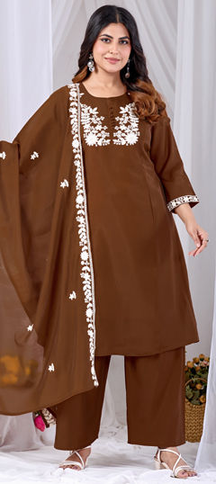 Beige and Brown color Salwar Kameez in Mul Cotton fabric with Embroidered, Sequence work