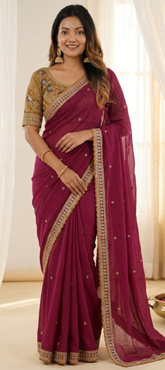 Red and Maroon color Readymade Saree in Silk fabric with Embroidered work