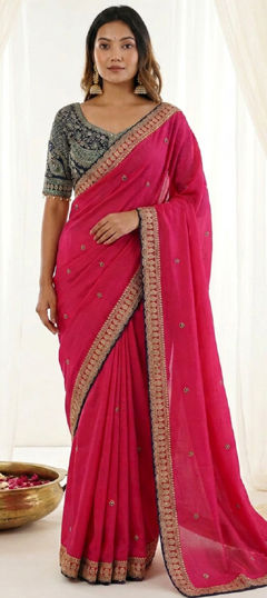 Pink and Majenta color Readymade Saree in Silk fabric with Embroidered work