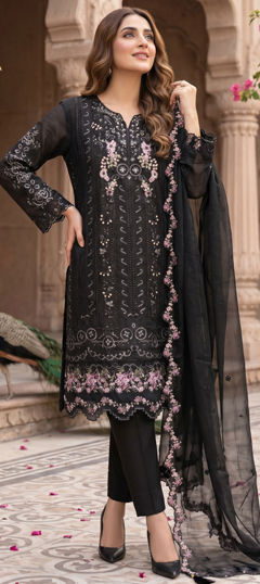 Black and Grey color Salwar Kameez in Chiffon fabric with Embroidered, Moti work