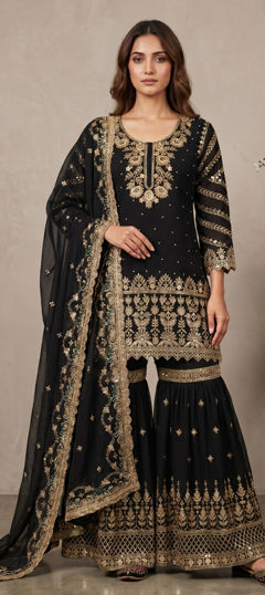 Black and Grey color Salwar Kameez in Faux Georgette fabric with Embroidered, Moti, Sequence work