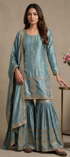 Blue color Salwar Kameez in Chinon Silk fabric with Embroidered work