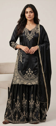 Black and Grey color Salwar Kameez in Chinon Silk fabric with Embroidered, Sequence work